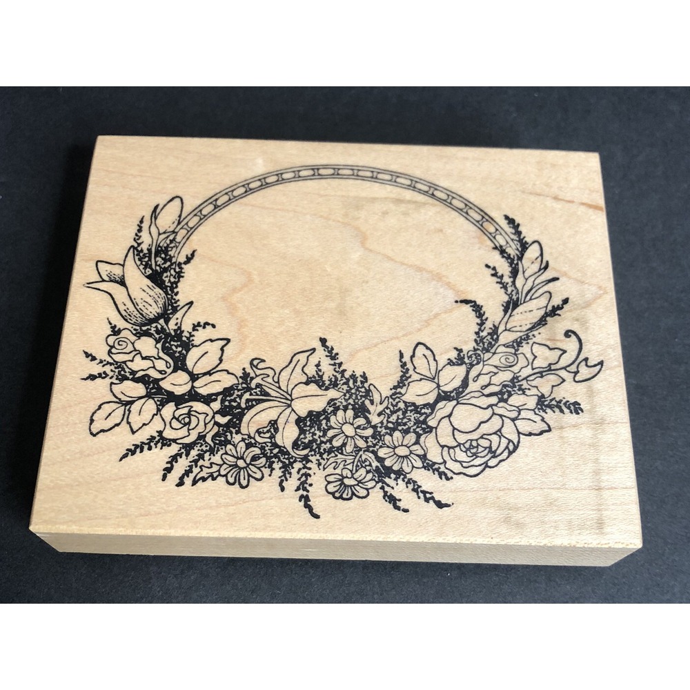 PSX Rubber Stamp Oval Flower Border Floral Rose Tulips K-413 Wood Mounted